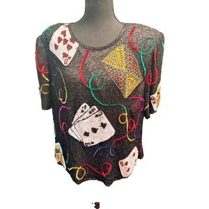 Vintage Black Sequin Beaded Card Game Theme Short Sleeve Top Women's Novelty 1X